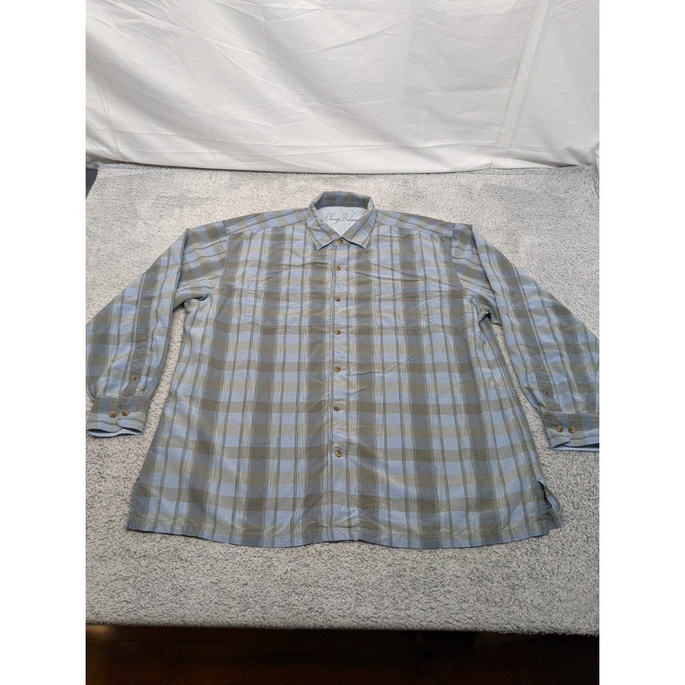 Tommy‎ Bahama Blue Plaid Check Hawaiian Shirt Silk Wool Blend Button Up XXL